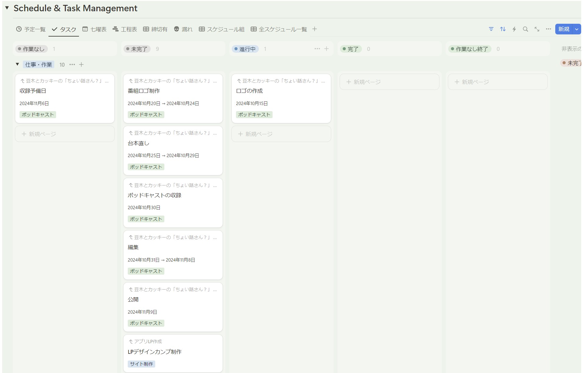スケジュール管理エリア「カンバンボード」（ボードビュー）